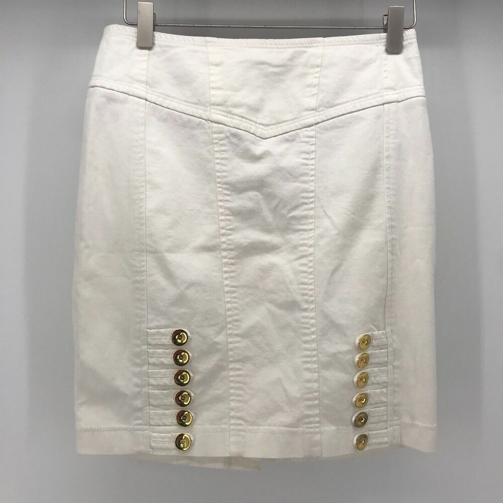 Anthropologie Leifsdottir Skirt Womens 4 White Mini Pencil Gold Buttons Flaws